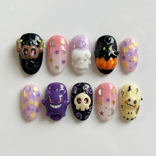 3D Spooky Ghost Press-On Nails | Cute Halloween Reusable Fake Nails Set | Handmade Kawaii Purple & Pastel Magic Gel Nails (Copy)