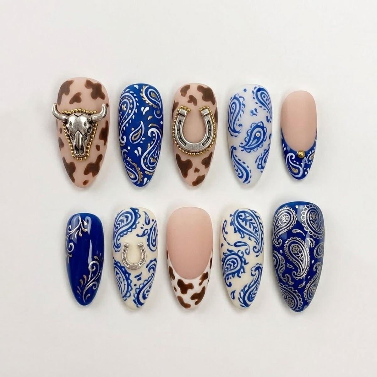 Western Cowgirl Press-On Nails | Handmade Blue Bandana Paisley & Cow Print Fake Nails Set | Metallic Bull Skull Charm Almond Reusable Gel Nails